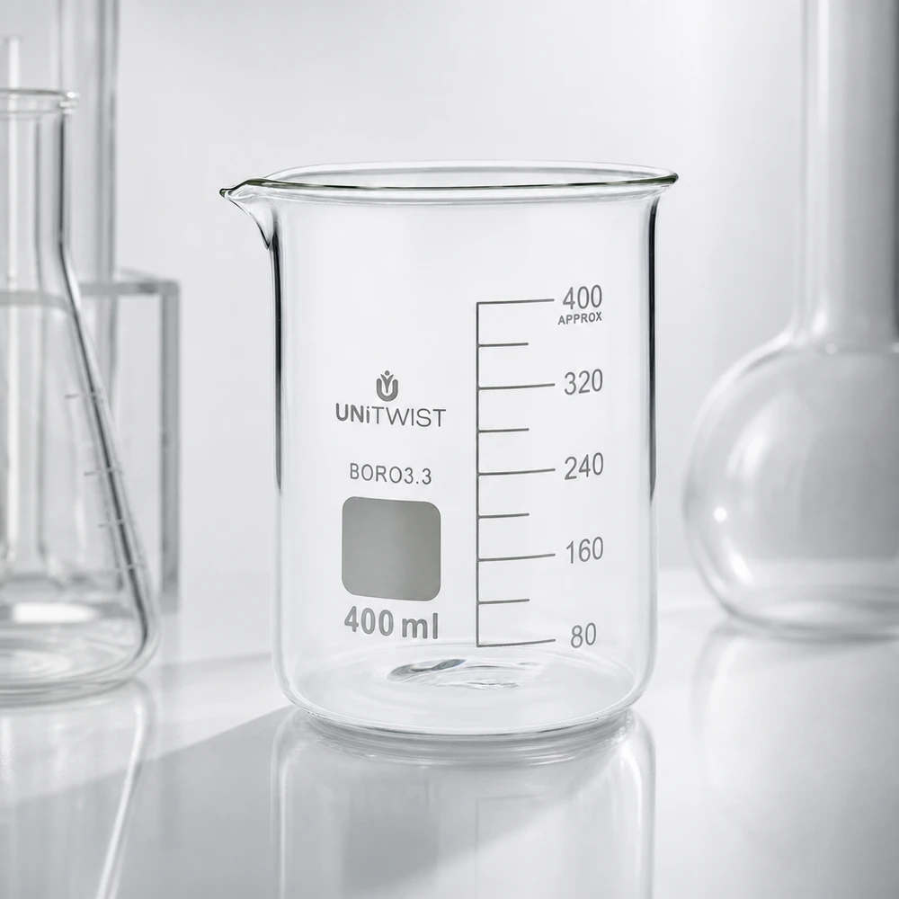Bicchiere da laboratorio UNiTWIST vuoto da 400 ml in borosilicato 3.3, di forma bassa, con graduazione precisa in ml