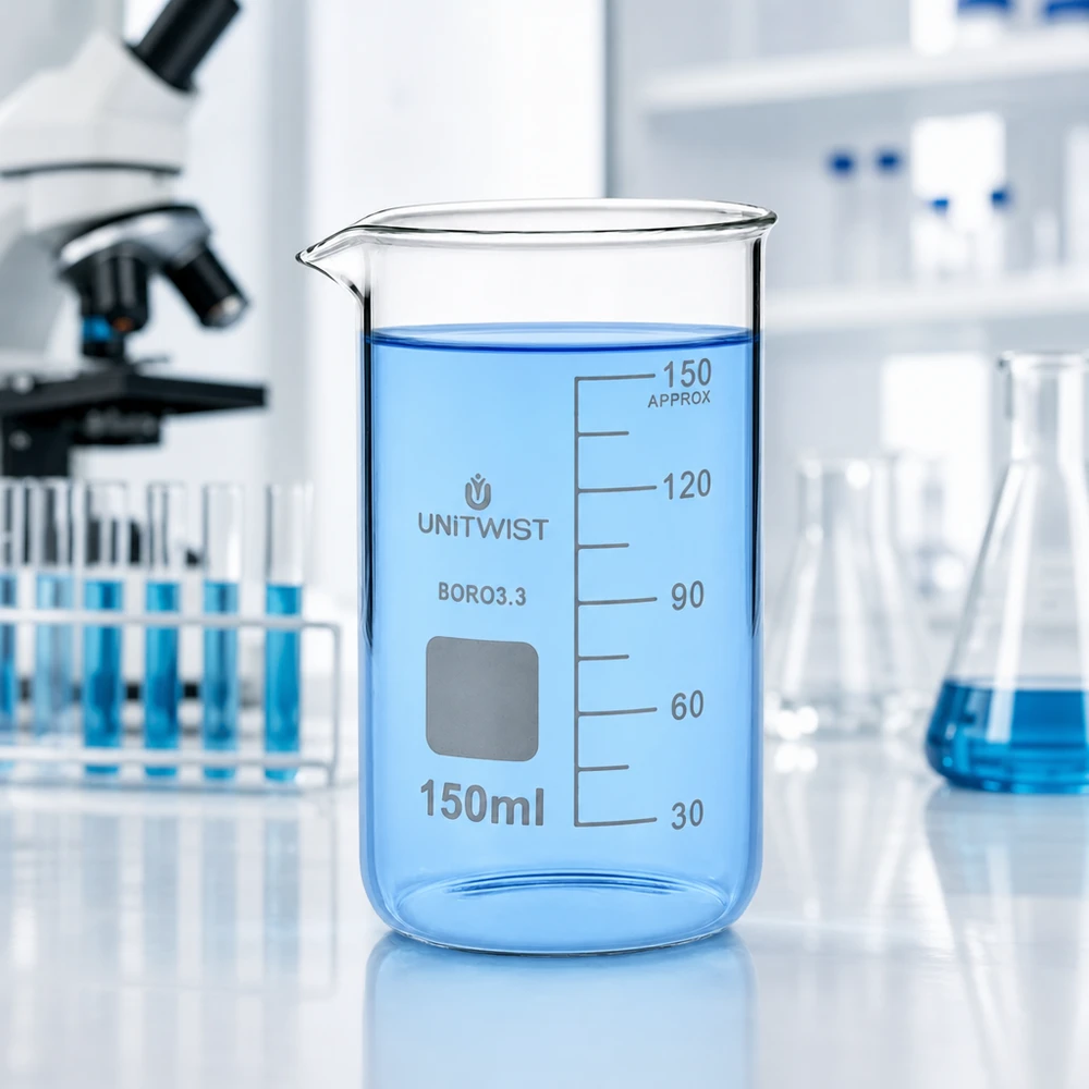 Immagine di laboratorio: becher UNITWIST da 150 ml, forma alta, in borosilicato, riempito con un liquido blu