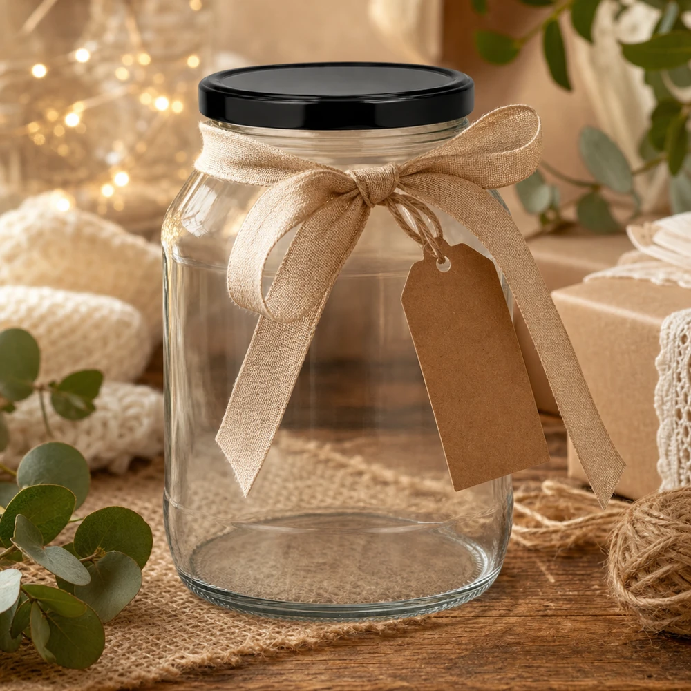 Barattolo rotondo da 2650 ml con coperchio BasicSeal nero UN... Grande vaso rotondo da 2650 ml con coperchio nero in regalo, decorato con un fiocco beige e un ciondolo in un'atmosfera rustica.