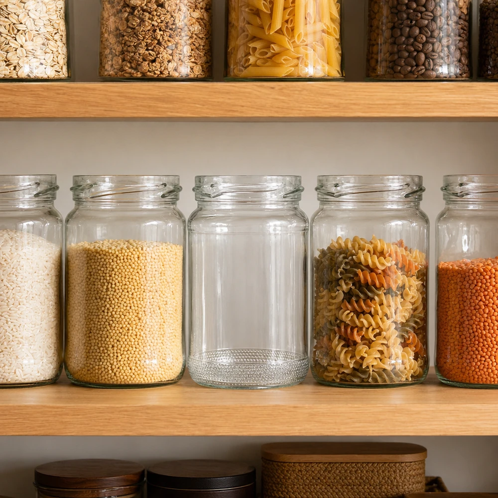 UNiTWIST Runda110 - Barattolo rotondo capacità 110ml TO48 Barattoli di vetro rotondi vuoti da 110 ml nella dispensa organizzata della cucina accanto a barattoli pieni di cereali