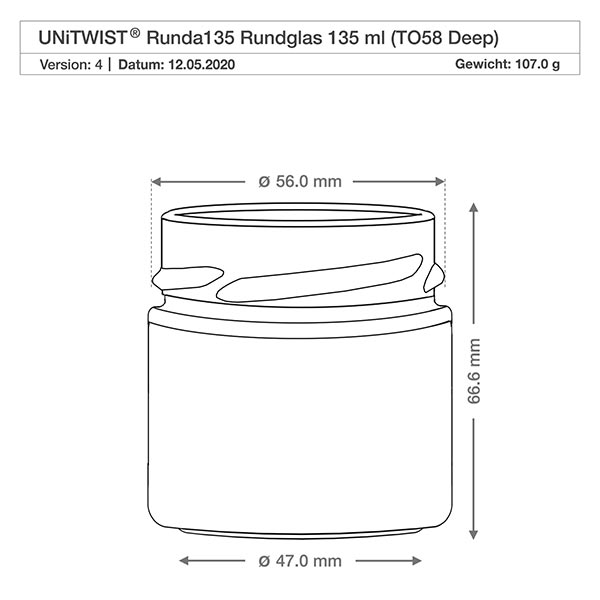 UNiTWIST Runda135 - Barattolo rotondo capacità 135ml TO58deep UNiTWIST Runda135 vetro rotondo 135ml TO58 Disegno tecnico profondo con dimensioni 56mm diametro 66,6mm altezza