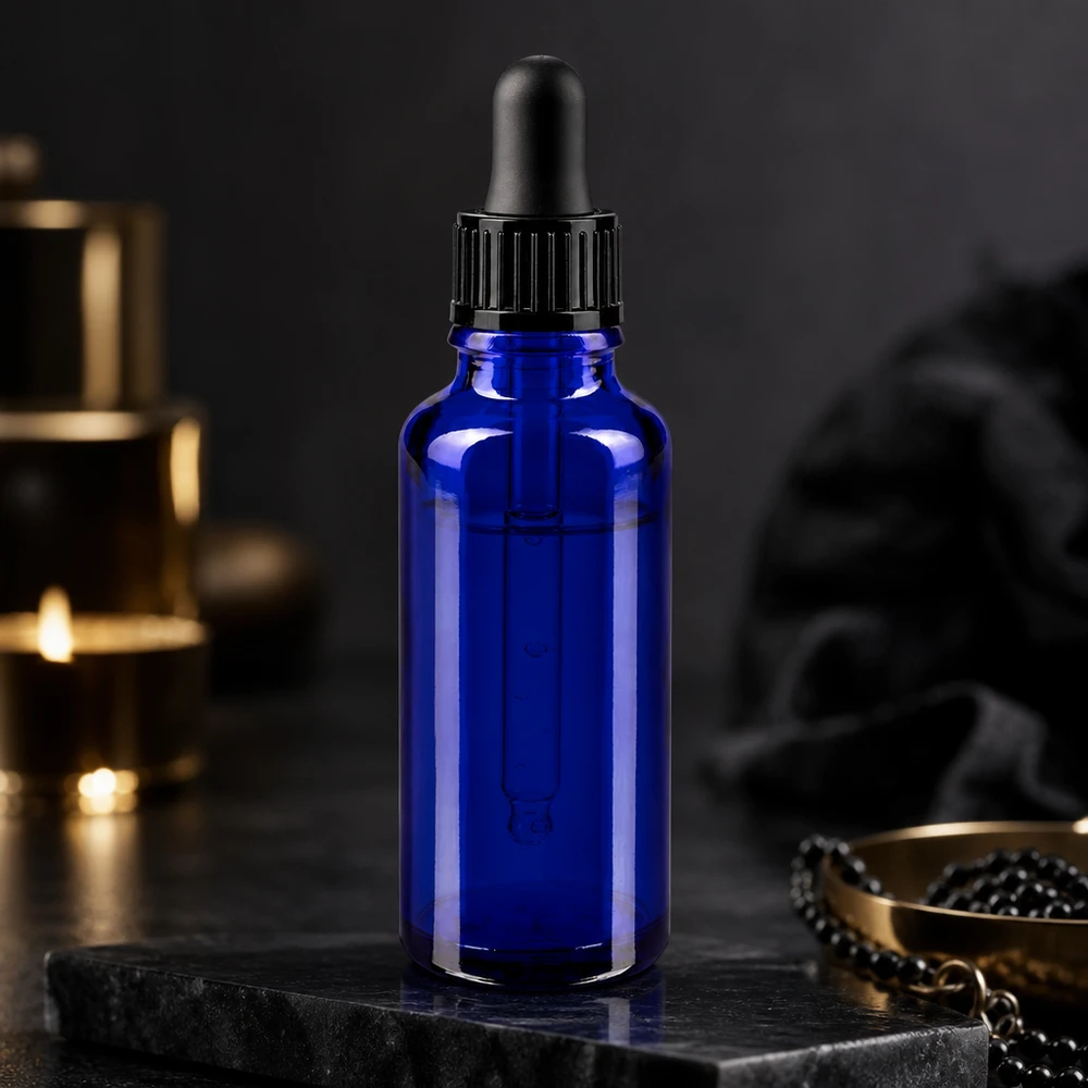 Bottiglia da farmacia blu da 30ml. SV STD nero/11mm ApoGlas Bottiglia di vetro blu da 30 ml con contagocce nero, elegantemente messa in risalto su una pietra di ardesia scura