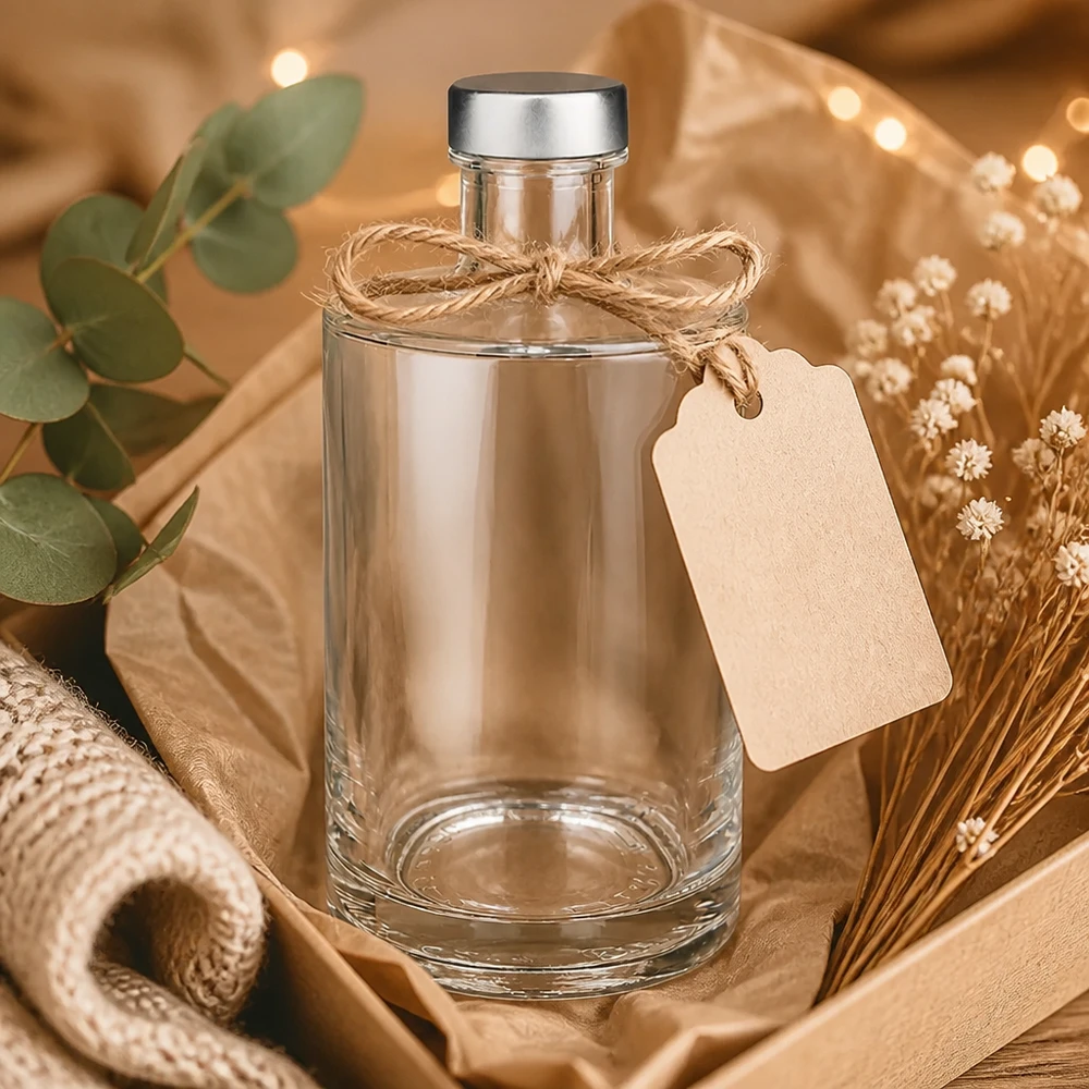 Bottiglia in vetro da 375 ml Sam e tappo a vite argento UNiTWIST® 375ml Glasflasche Sam dekorativ inszeniert mit Bastschleife und Geschenkanhänger in gemütlichem Wohnambiente
