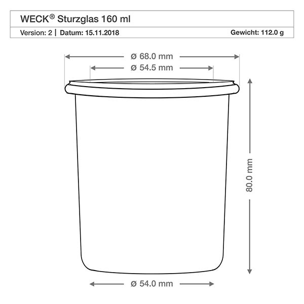 Barattolo da 160ml WECK RR60 WECK tumbler 160ml RR60 disegno tecnico con dimensioni diametro 68mm altezza 80mm peso 112g