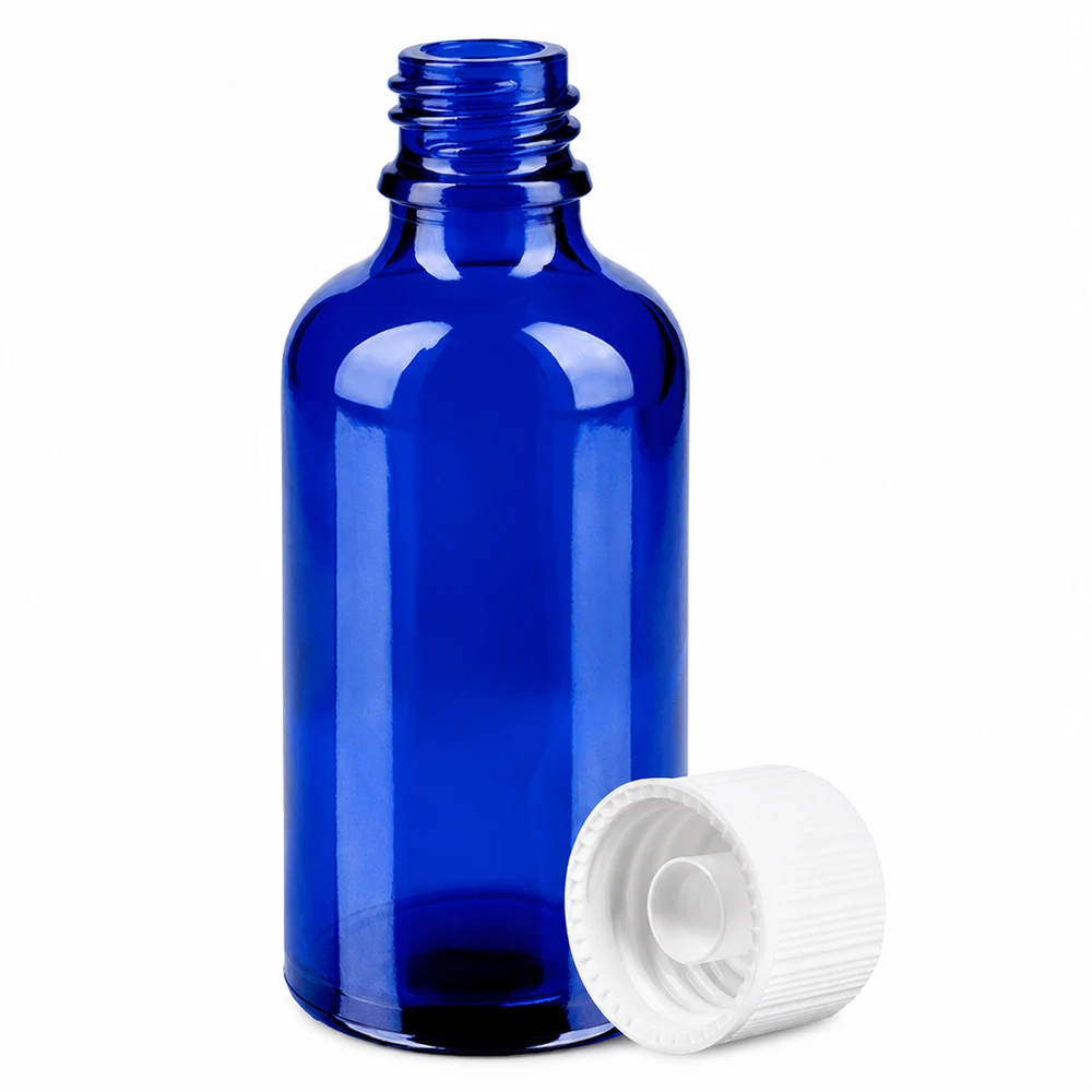 Flacone da 50ml 11mm SV bianco STD BlueLine UT18/50 Bottiglia di vetro blu di alta qualità da 50 ml con protezione UV e tappo standard bianco da 11 mm