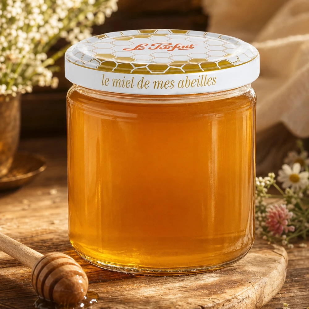 Vasetto di miele Le Parfait da 212 ml pieno di miele dorato su tavoletta di legno con cucchiaio da miele e fiori