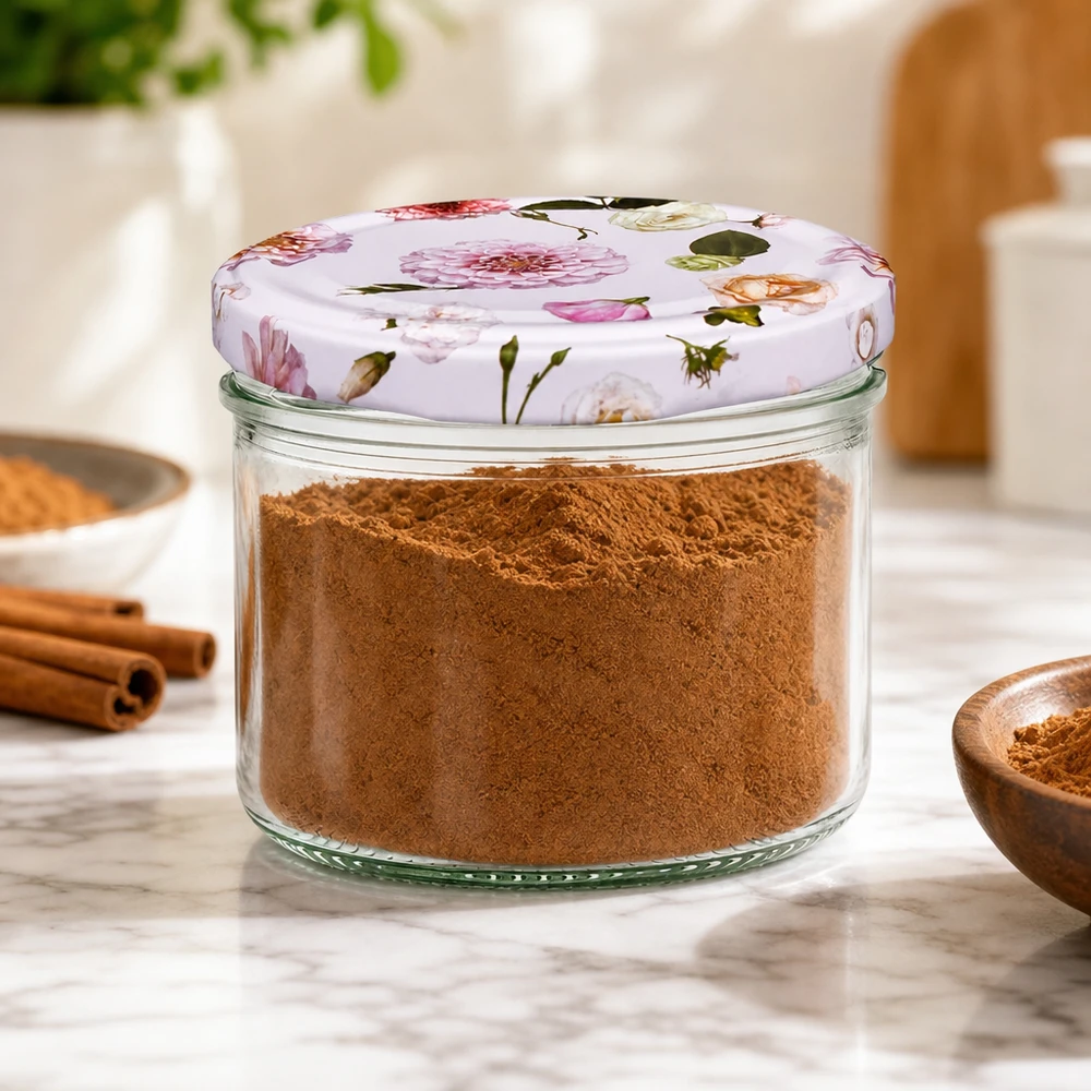Barattolo cilindrico da 230 ml + coperchio BasicSeal rosa fiore Barattolo da 230 ml con coperchio a fiore rosa pieno di cannella - conservazione delle spezie in cucina con bastoncini di cannella