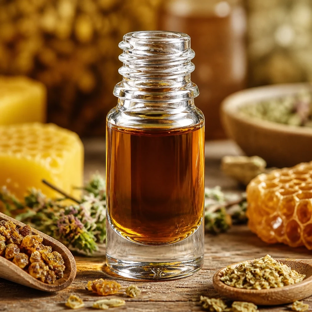 Bottiglia da farmacia di alta qualità in ApoGlas da 5 ml con contenuto color miele su un tavolo di legno rustico
