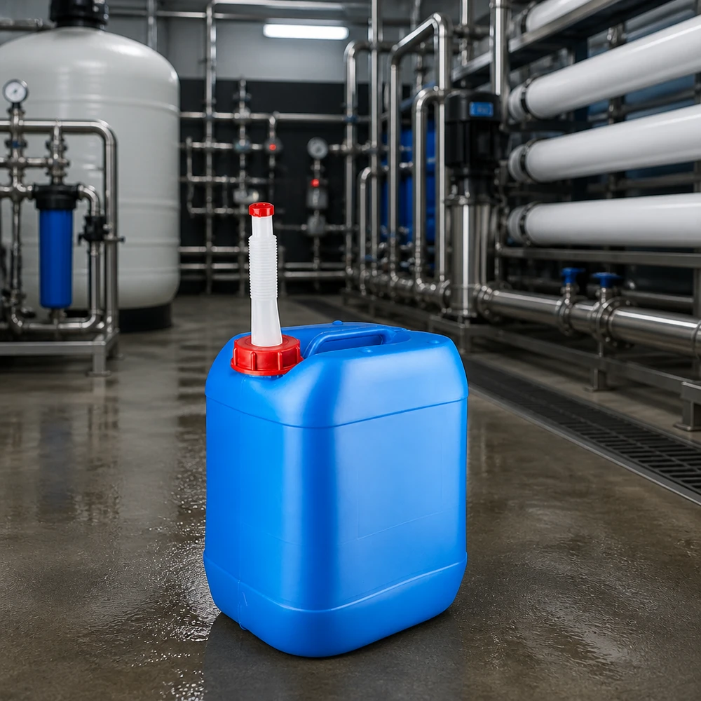 Tanica blu da 20 litri con beccuccio Flex Tanica impilabile da 20 litri in HDPE blu con tubo di scarico per impianti di trattamento dell'acqua