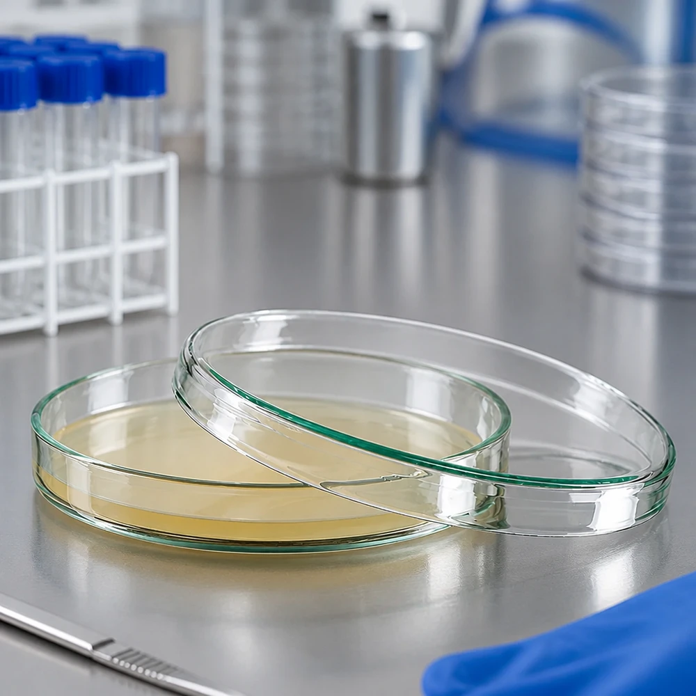 Piastra di Petri 100x15mm in vetro Due piastre di Petri in vetro da 100x15 mm con agar nutriente giallo su un tavolo in acciaio inossidabile in laboratorio