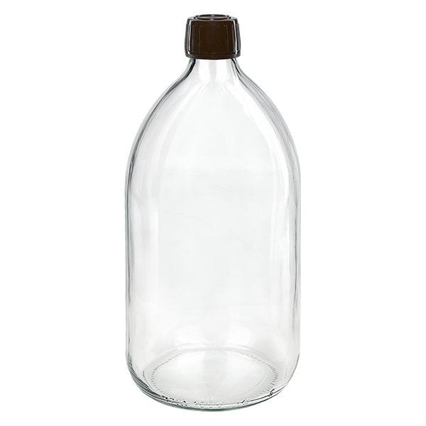 Flacone per medicinali da 1000ml trasparente, tappo marrone con chiusura antimanomissione Flacone per medicinali da 1000ml trasparente, tappo marrone con chiusura antimanomissione
