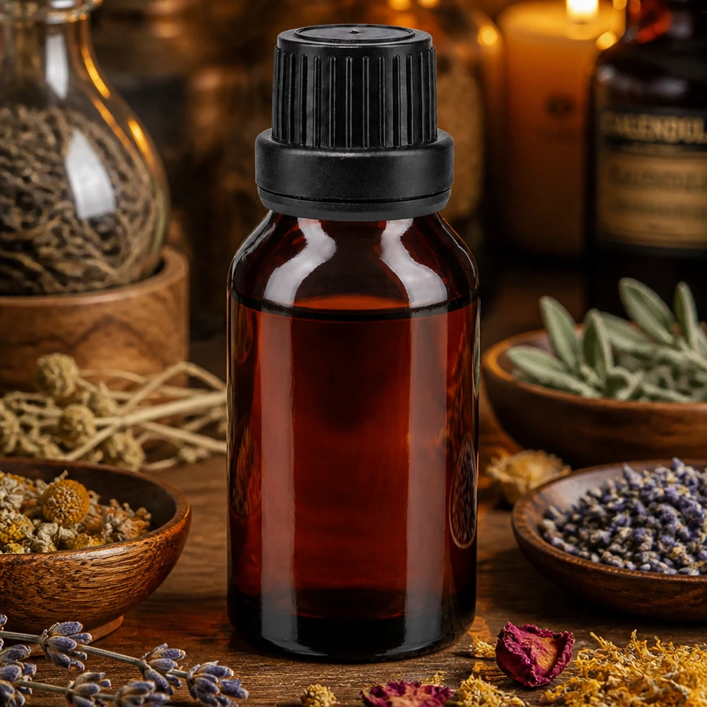 Bottiglia di vetro scuro da 15 ml con tappo di sicurezza a prova di bambino, contenente erbe medicinali essiccate