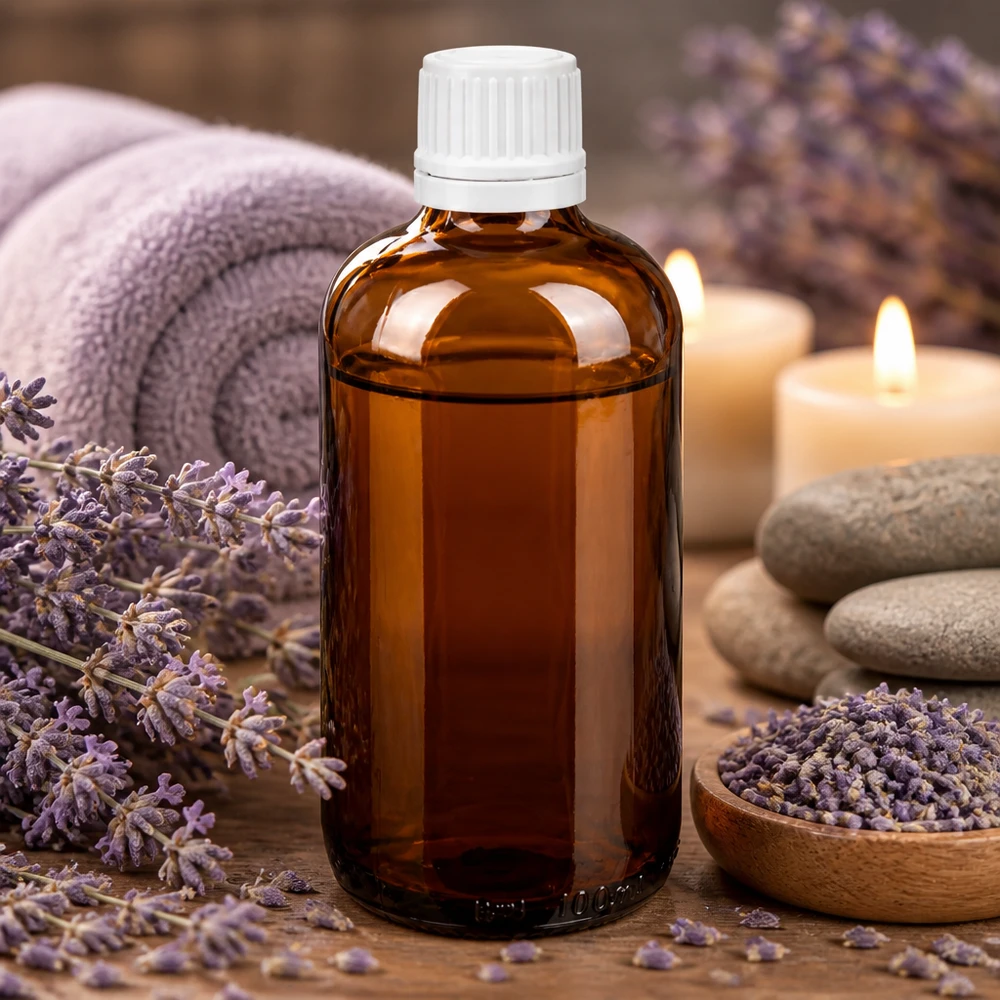 Flacone di vetro da 100 ml color ambra con tappo contagocce bianco, circondato da fiori di lavanda e candele