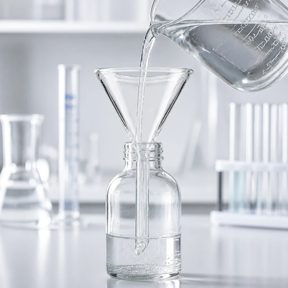Imbuto Ø 45 mm per calce sodata, angolo 60°, stile corto Imbuto di precisione da 45 mm in robusto vetro soda-lime con angolo di imbuto di 60 gradi per lavori di laboratorio