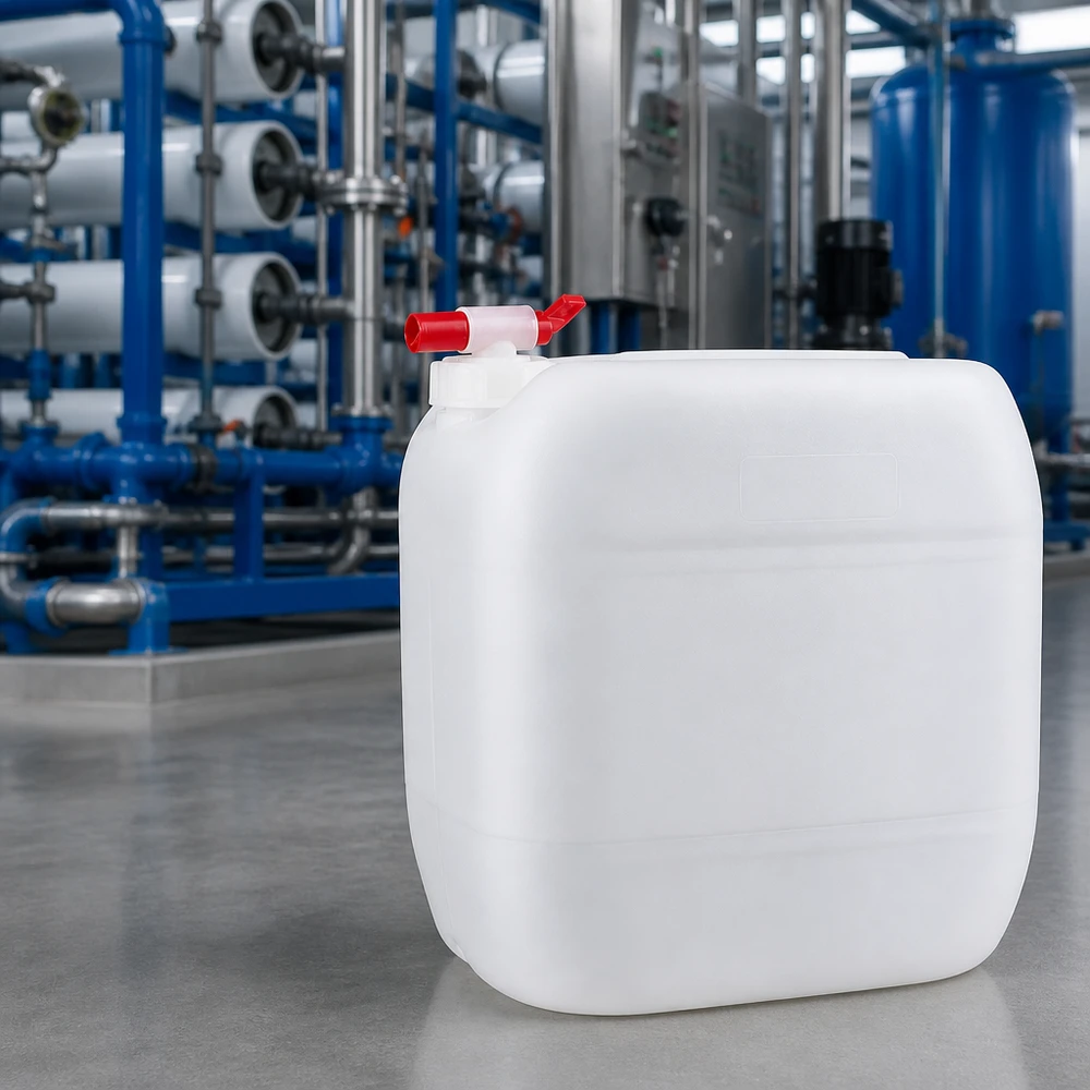 Tanica industriale da 30 litri con rubinetto di scarico rosso davanti a un impianto di trattamento delle acque blu