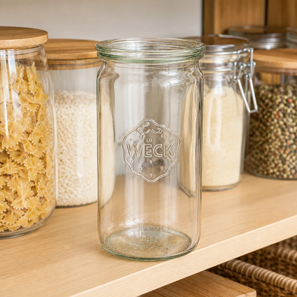 Vaso cilindrico da 340 ml con coperchio in vetro WECK RR60 Vaso cilindrico WECK 340ml RR60 vuoto sul ripiano accanto a vasi pieni di pasta e spezie Organizzazione della cucina