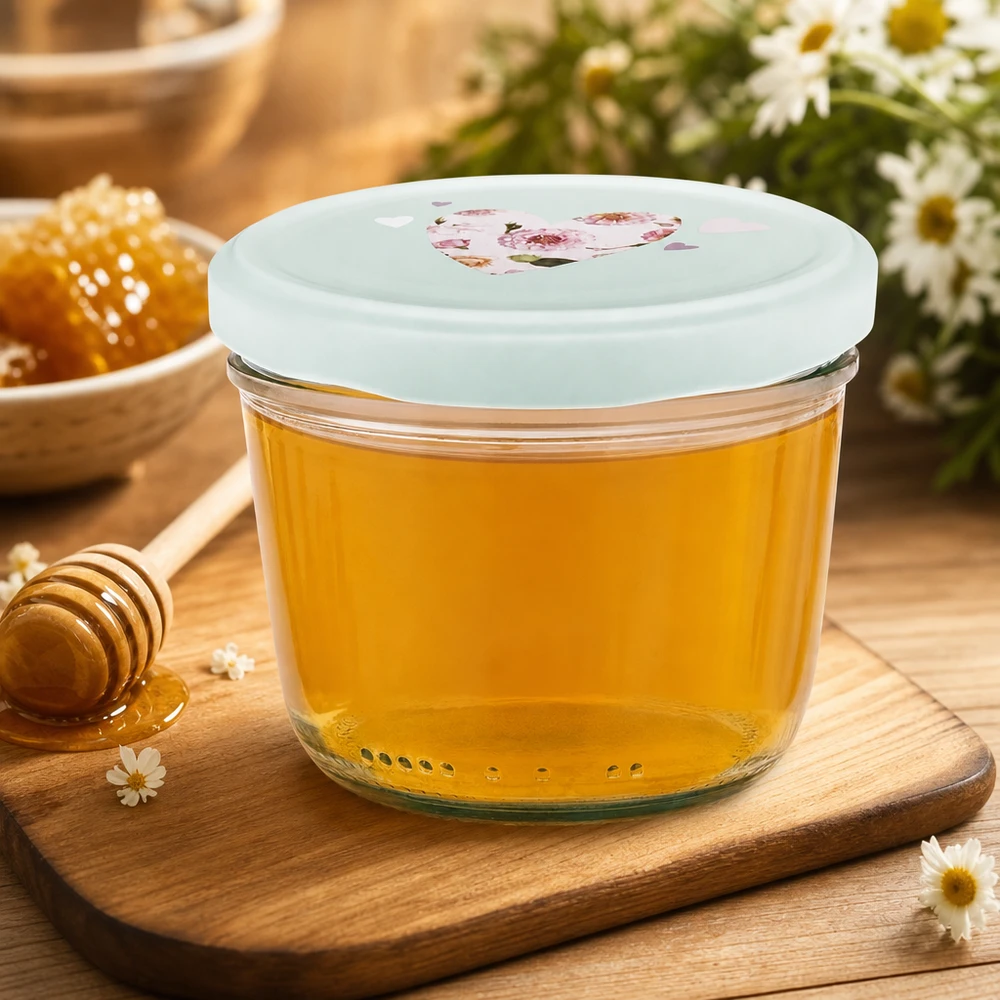 Bicchieri da 230 ml + coperchio BasicSeal cuore menta UNiTWIST Miele in vasetto da 230 ml con coperchio BasicSeal cuore di menta, vasetto di miele su tavoletta di legno con cucchiaio da miele e fiori