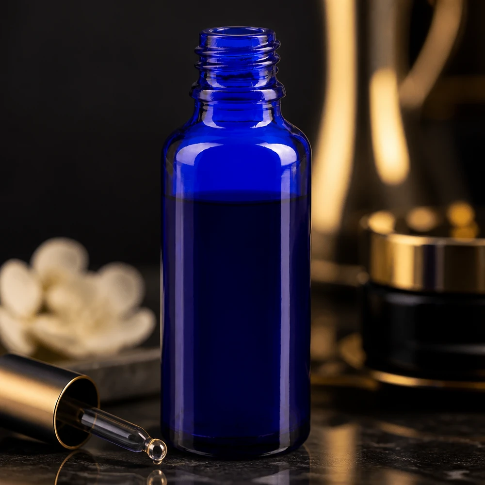 Flacone farmaceutico blu da 30ml ApoGlas Elegante flacone da farmacia ApoGlas da 30 ml, color blu cobalto, senza tappo, su una superficie in marmo scuro