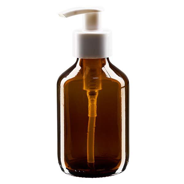 Flacone per medicinali da 150 ml marrone, con pompa dosatrice bianca ApoGlas Flacone per medicinali da 150 ml marrone, con pompa dosatrice bianca ApoGlas