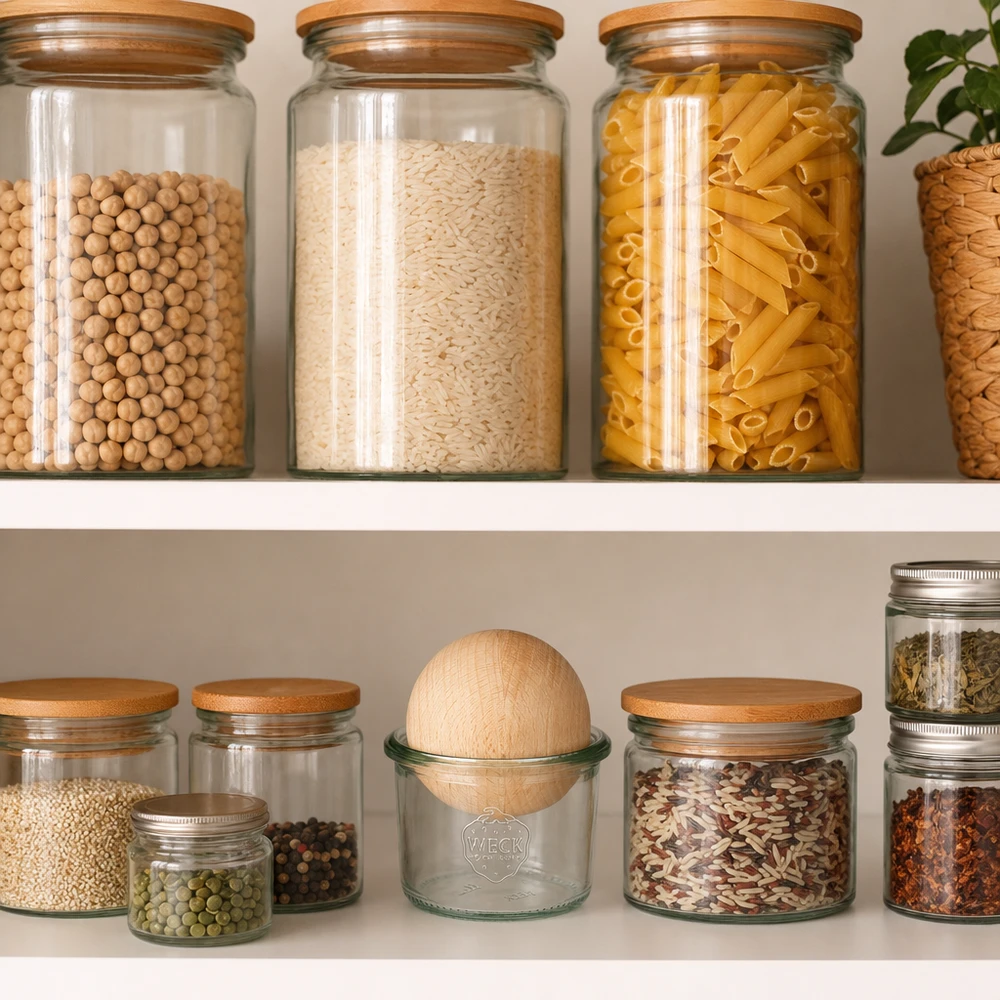 WECK 80ml RR60 tumbler con sfera di legno in una dispensa organizzata tra pasta, riso e spezie
