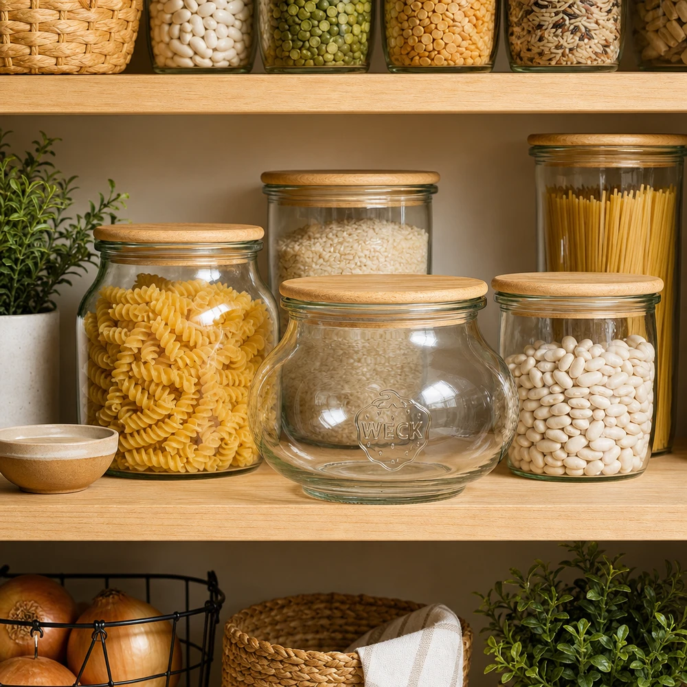 Barattolo WECK da 560 ml RR80 con coperchio in rovere in una dispensa organizzata accanto a pasta e fagioli su uno scaffale in legno