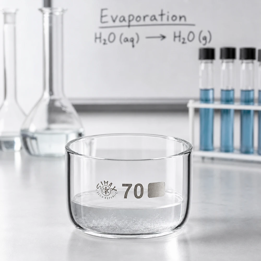 Piatto di cristallizzazione da 100 ml senza beccuccio Bo. ø70mm Vaschetta di cristallizzazione da 100 ml in vetro borosilicato con cristalli di sale bianchi su un banco da laboratorio durante un esperimento di evaporazione