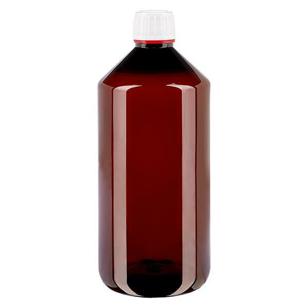 Bottiglia in PET da 1000 ml con tappo bianco antimanomissione, finemente scanalato Bottiglia in PET da 1000 ml con tappo bianco antimanomissione, finemente scanalato