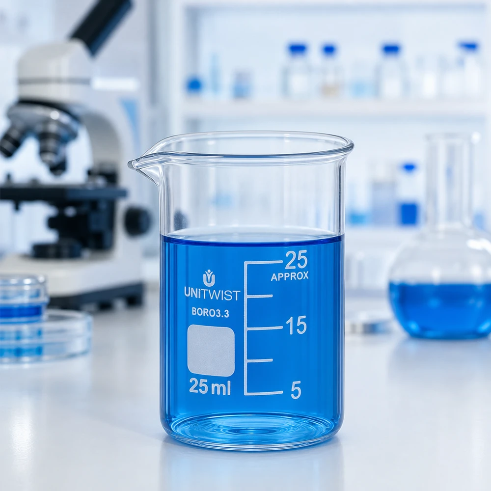 Bicchiere da laboratorio UNiTWIST da 25 ml di forma bassa contenente un liquido blu, su un piano di lavoro bianco