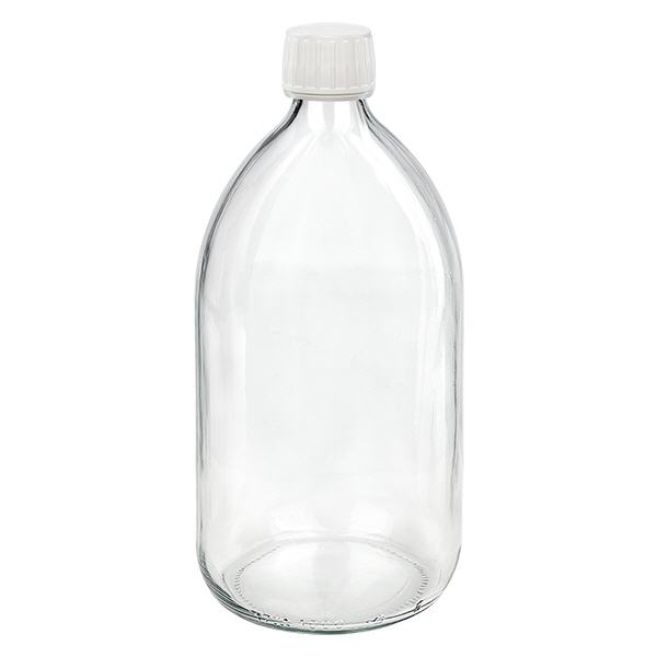 Flacone per medicinali da 1000ml trasparente, tappo bianco antimanomissione Flacone per medicinali da 1000ml trasparente, tappo bianco antimanomissione