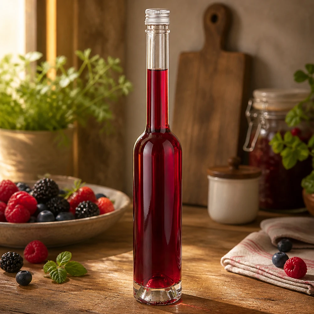 Bottiglia in vetro da 100 ml Toni senza tappo a vite UNiTWIST® Bottiglia in vetro Toni da 100 ml con tappo a vite argentato - ideale per liquori a base di bacche rosse ed estratti di frutta