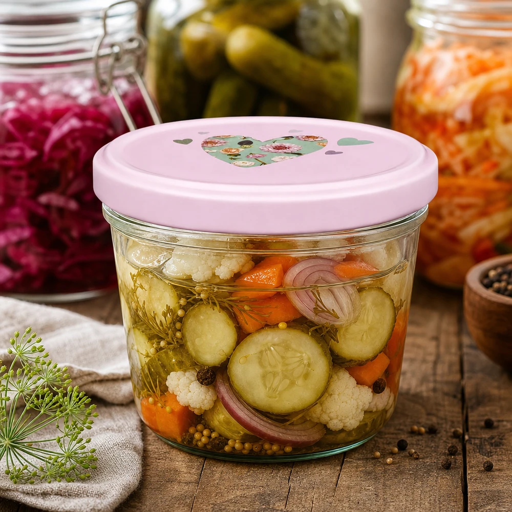 Bicchieri da 230 ml + coperchio BasicSeal cuore rosa UNiTWIST Sturzglas 230ml mit rosa Herz-Deckel für eingelegtes Gemüse Mixed Pickles Gurken Karotten Blumenkohl fermentieren