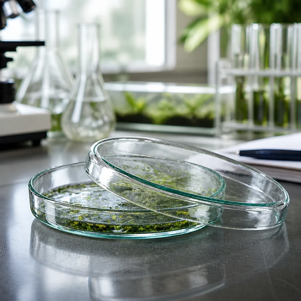 Due piastre di Petri in vetro da 90x15 mm con colture di piante verdi su un tavolo da laboratorio con matracci di Erlenmeyer