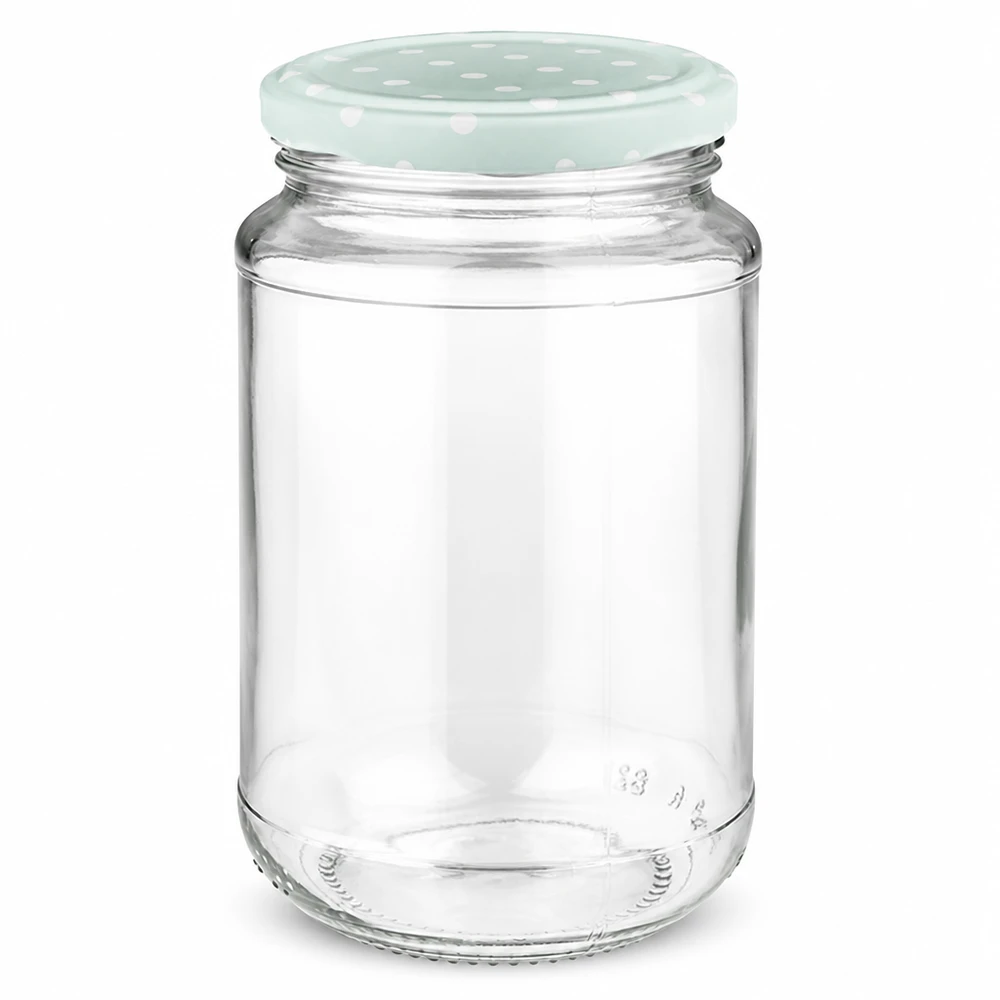 Piccolo barattolo di vetro trasparente da 320 ml con coperchio twist-off dai colori pastello a pois color menta