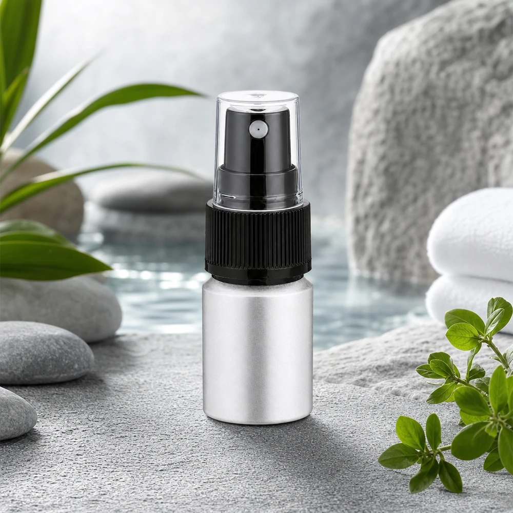 Flacone in alluminio decapato da 10ml con nebulizzatore Flacone spray leggero da 10 ml in alluminio con spruzzatore a pompa ergonomico in nero