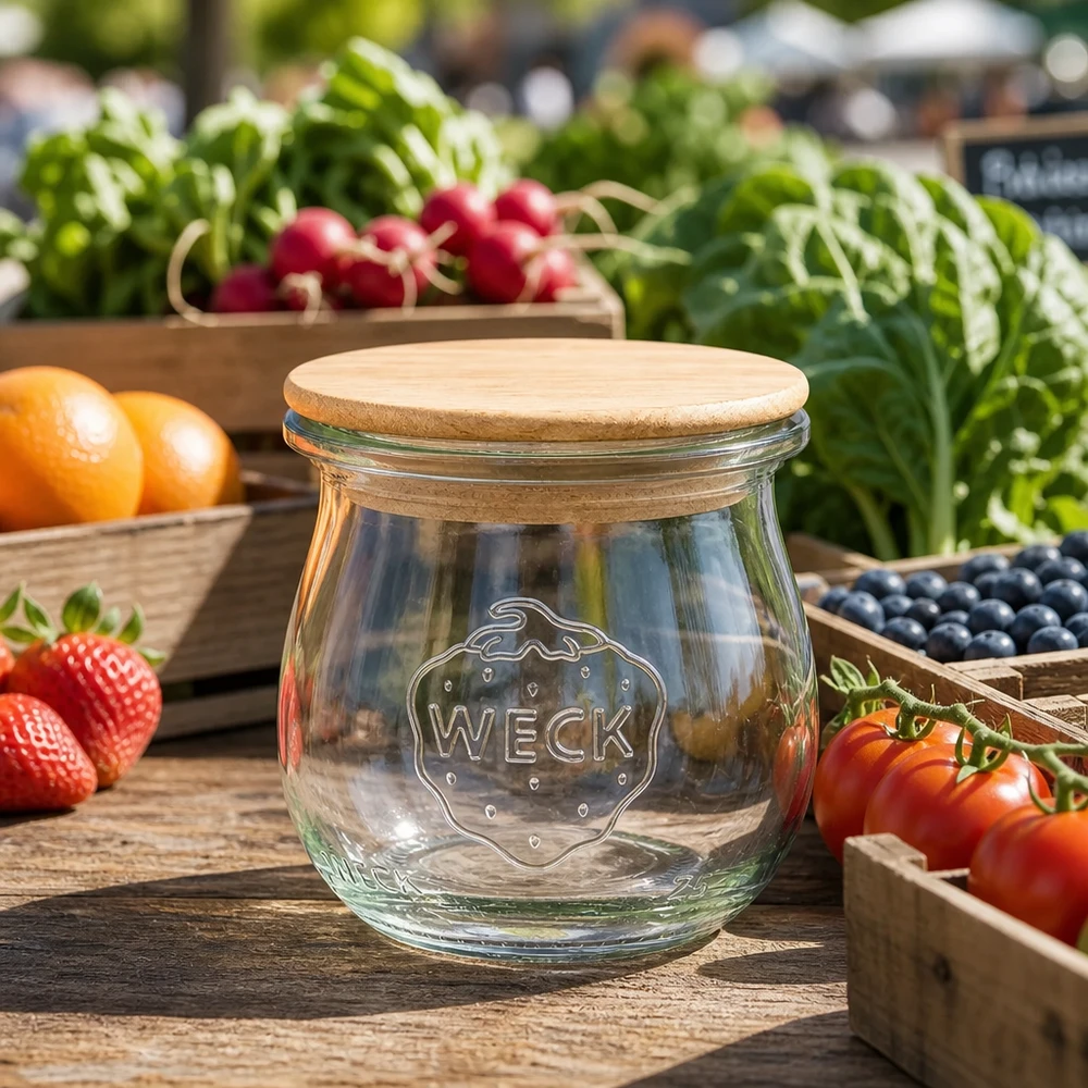 Vaso a tulipano da 75 ml WECK RR40 con coperchio in legno WECK Tulpenglas 75ml mit Holzdeckel zwischen frischen Marktgemüse und Obst stilvolle Küchendeko Vorratsglas