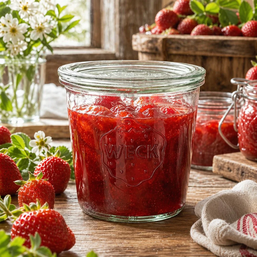 Vaso da conserva WECK da 580 ml riempito di marmellata di fragole in cucina rustica con fragole fresche e fiori