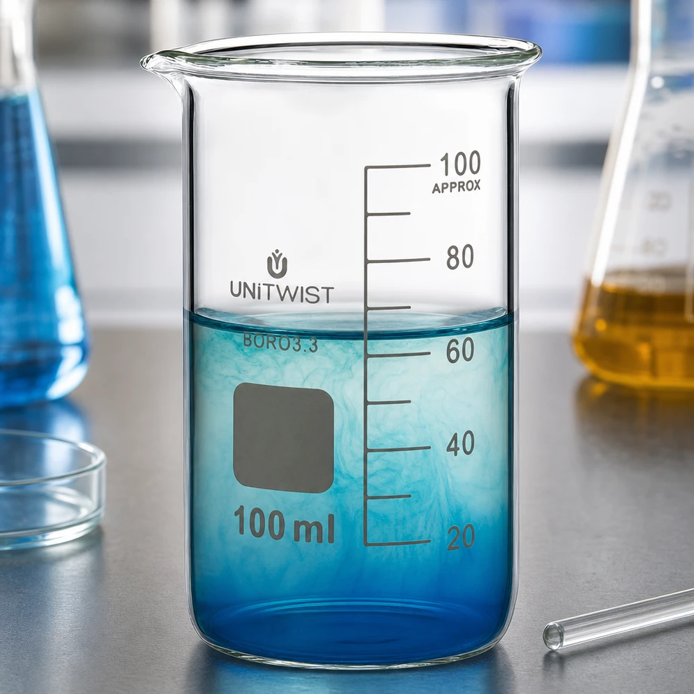 Bicchiere graduato da 100 ml, forma alta, in borosilicato, con scala di misurazione fino a 100 ml, UNITWIST
