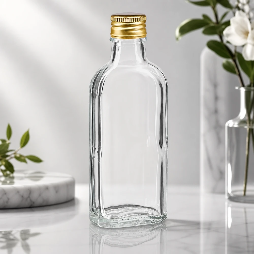 Flacone di vetro Meplat vuoto da 100 ml, trasparente, con tappo in alluminio dorato PP22 su sfondo marmorizzato