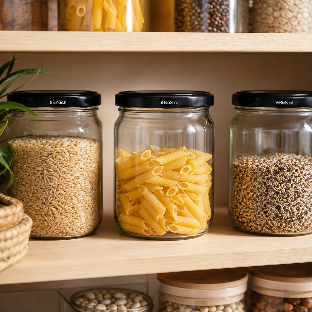 Barattolo rotondo da 425 ml con coperchio BioSeal nero UNiTWIST. Il barattolo rotondo da 425 ml di BioSeal nero nel ripiano della cucina con riso, pasta e quinoa mostra la versatilità della conservazione degli alimenti secchi.