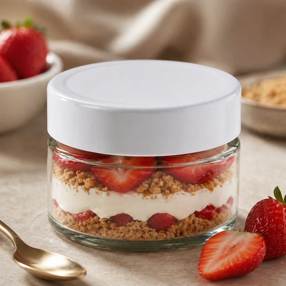 Barattolo rotondo da 130 ml con coperchio BasicSeal bianco UNiTWIST Vasetto rotondo BasicSeal bianco da 130 ml riempito con dessert alla fragola a strati - vasetto in vetro per dolci dessert