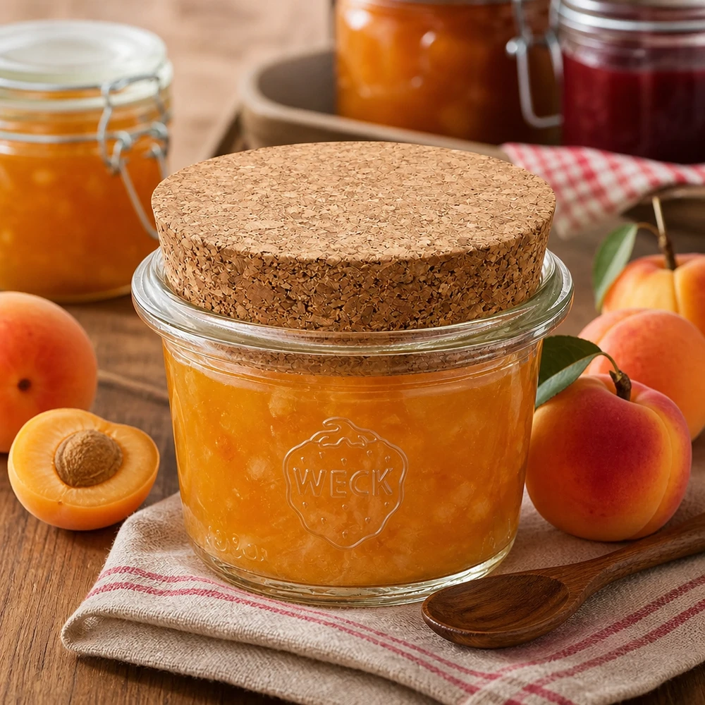 Barattolo da 35ml WECK RR40 con tappo in sughero naturale Barattolo WECK 35ml RR40 con tappo in sughero e marmellata di albicocche accanto ad albicocche fresche su un tavolo di legno