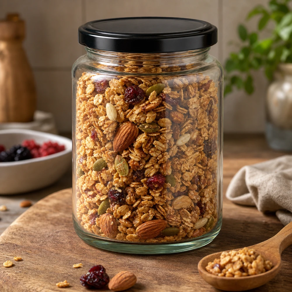382ml barattolo rotondo BasicSeal nero pieno di muesli noci frutta secca barattolo di stoccaggio cucina
