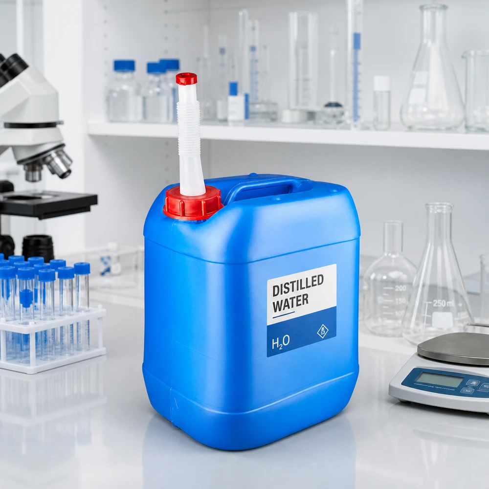 Tanica blu da 20 litri con beccuccio Flex Tanica da 20 litri di colore blu con beccuccio flessibile per acqua distillata, per uso di laboratorio