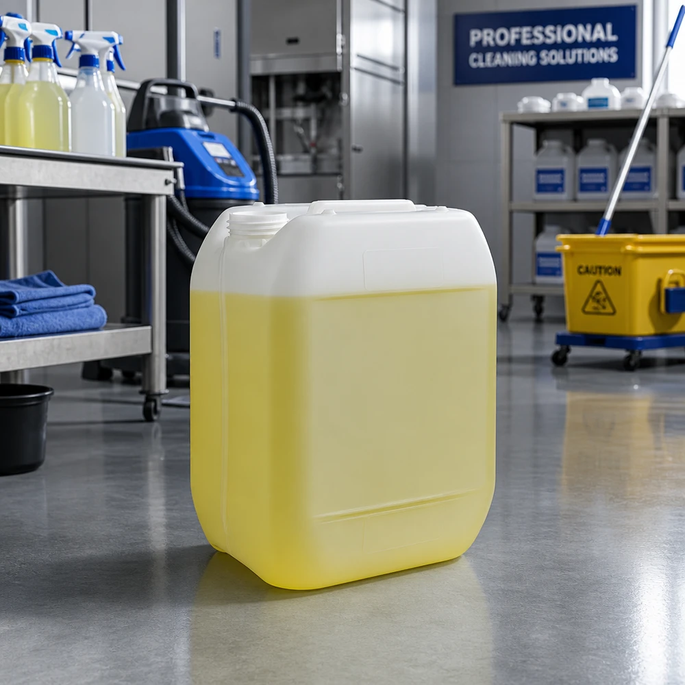 Tanica 10 litri senza tappo Tanica gialla per detergenti da 10 litri senza tappo in un ambiente di pulizia professionale
