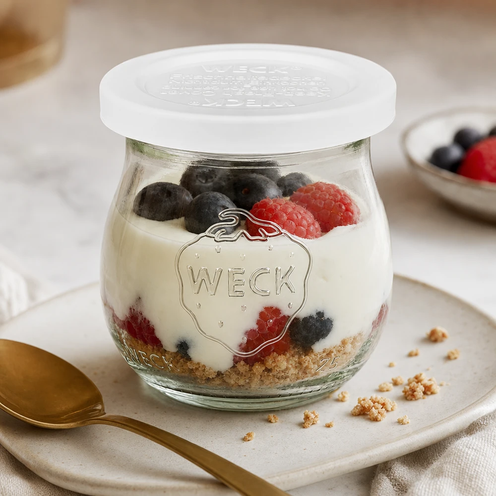 Vasetto WECK a tulipano 75ml RR40 con yogurt e bacche e granola come dessert su piatto bianco con cucchiaio dorato