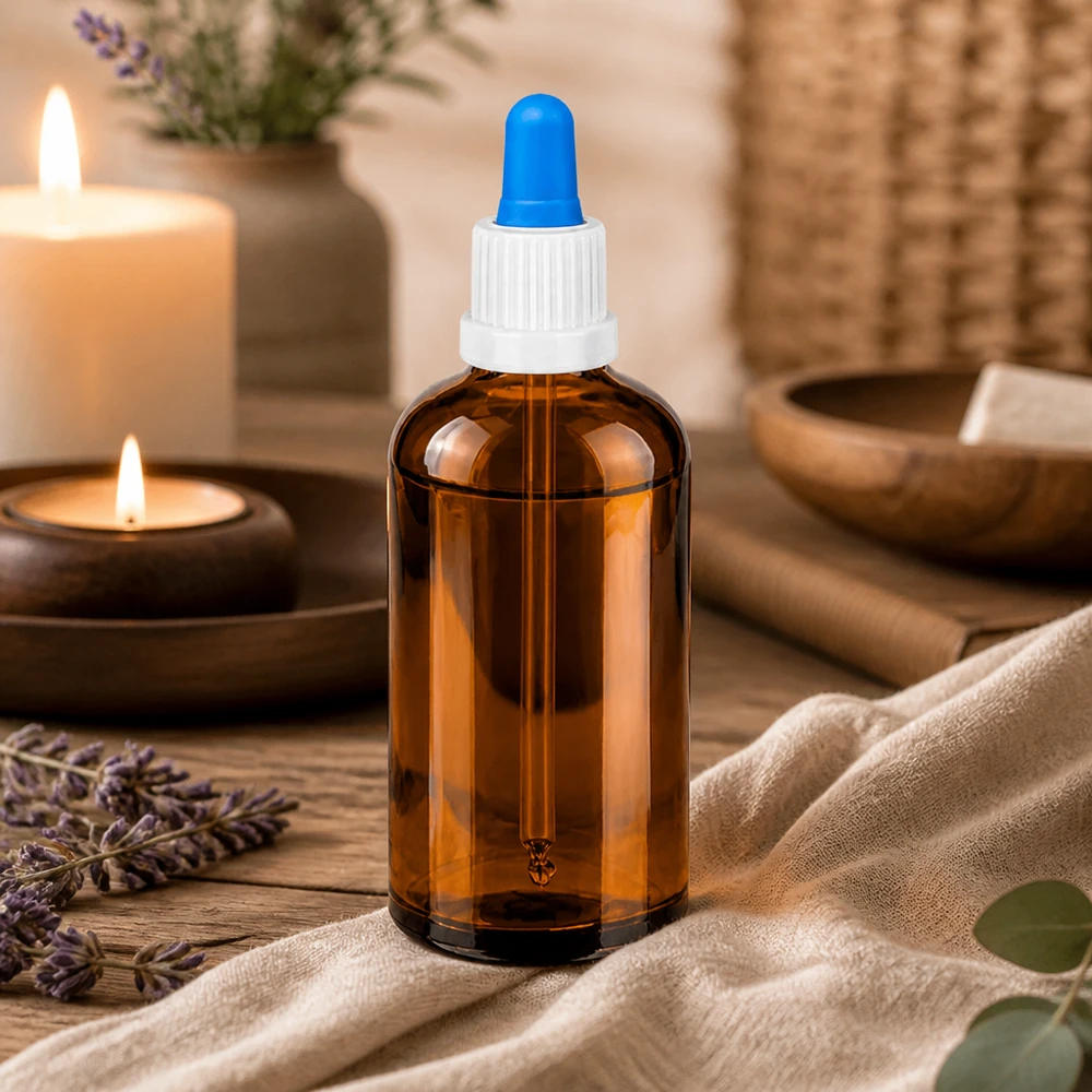 Bottiglia per pipette da 100 ml bianco/blu OV BrownLine UT18/100 Flacone a pipetta protetto dalla luce 100ml con tappo dosatore preciso per la cosmesi e il benessere fai da te