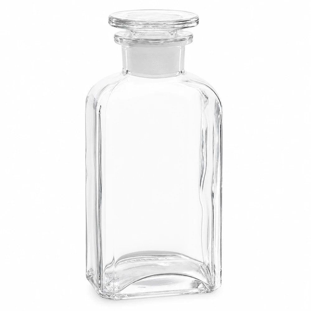 Bottiglia quadrata da 250 ml in vetro trasparente con tappo in vetro, a collo largo, qualità da laboratorio