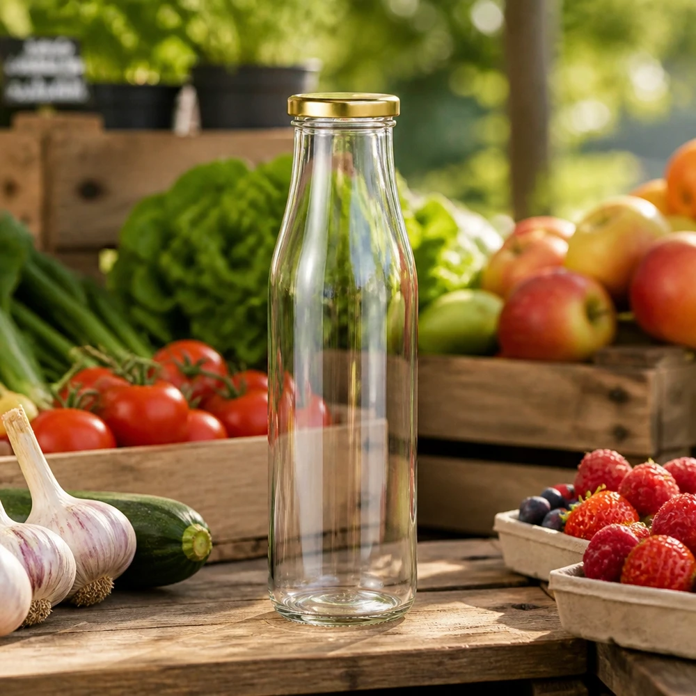 Bottiglia di vetro da 500 ml + coperchio BasicSeal oro UN.. Bottiglia di vetro da 500 ml vuota BasicSeal coperchio oro tra frutta fresca e verdura su tavolo di legno ambiente bancarella di mercato