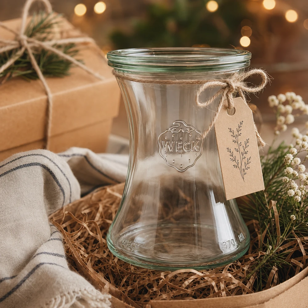Barattolo da 370 ml con coperchio in vetro WECK RR80 Barattolo per salumi WECK 370ml RR80 in regalo con etichetta in carta kraft in decorazione natalizia rustica
