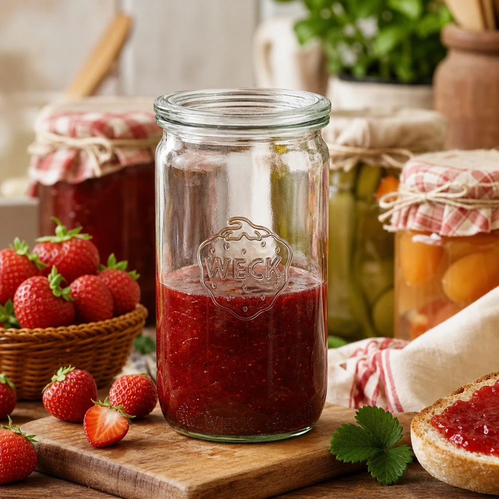 WECK vaso cilindrico RR60 da 340 ml riempito di marmellata di fragole in una cucina rustica con fragole fresche e pane